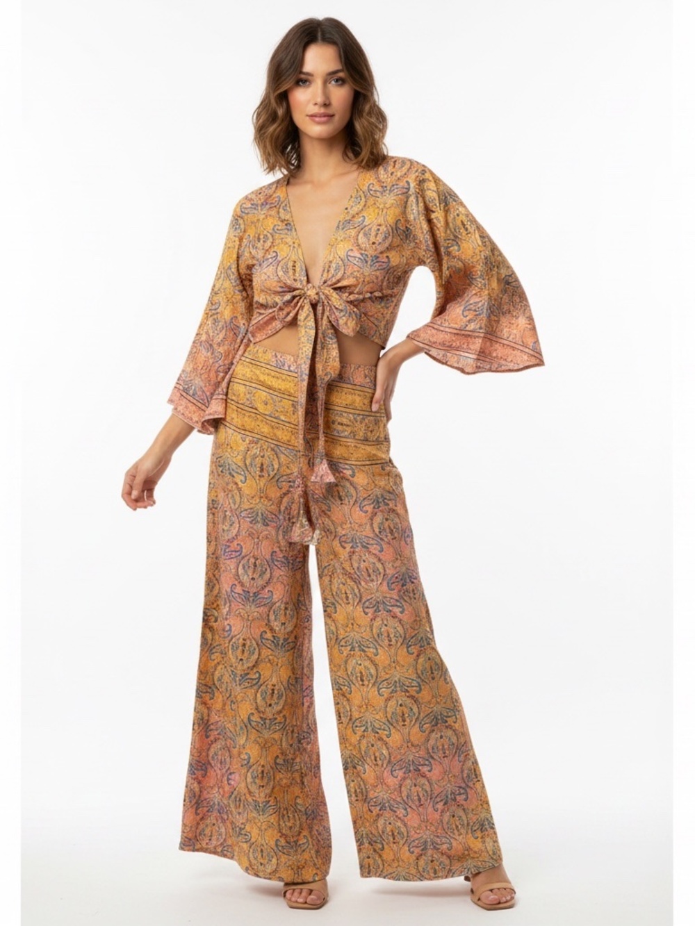 White Waves Two Piece Wide Leg and Tie Gauntlet Set